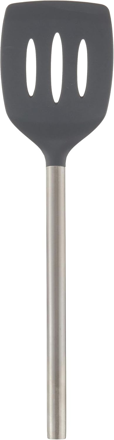 Tovolo Slotted Silicone Spatula Turner Slotted Stainless Steel Handle 10" Black Heat Resistant Non Toxic BPA Free Kitchen Utensil, Scratch Resistant Silicone Pancake Flipper Turner for Cooking