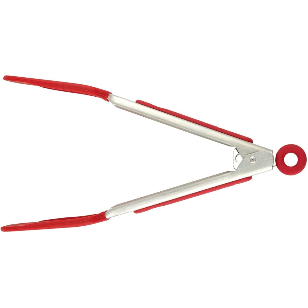 Tovolo Mini Turner Tongs Nonstick Flat Head Tong for Easily Flipping Cooking Serving, Heat Resistant Tongs BPA Free Dishwasher Safe Tongs Easy Lock Non Slip Grip Stainless Steel Handle, White