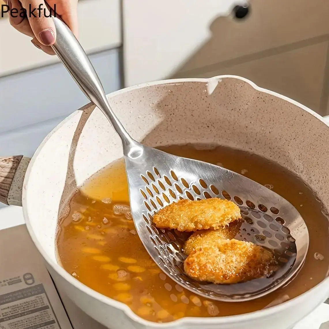 Large Stainless Steel Colander with Wooden Handle, Durable Noodle & Pasta Strainer, Versatile Kitchen Tool for Draining, Rinsing & Cooking, Essential Home Utensil, Dishwasher Safe