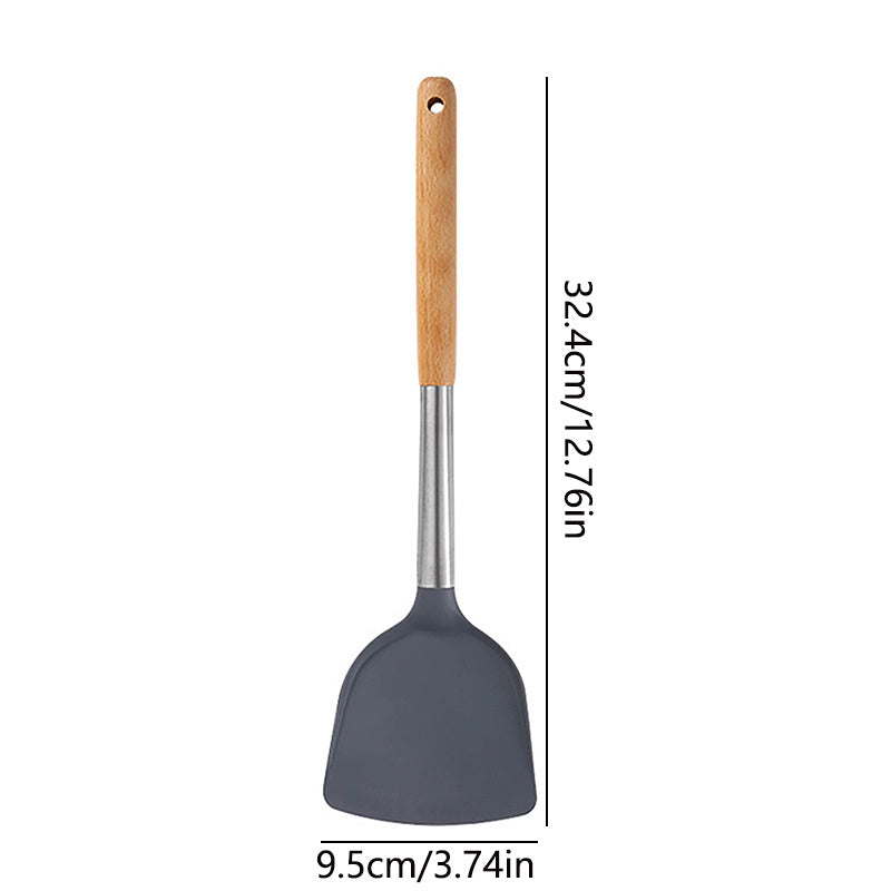 1pc of Cooking Utensil, Wooden Handle Stainless Steel Silicone Frying Pan - Long Handle, Non-stick, Heat-resistant, Easy to Clean, Specialized Utensil for Non-stick Pans, Kitchen Cooking Tool, Specialized Kitchen Tool, Household Cooking Utensil