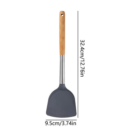 1pc of Cooking Utensil, Wooden Handle Stainless Steel Silicone Frying Pan - Long Handle, Non-stick, Heat-resistant, Easy to Clean, Specialized Utensil for Non-stick Pans, Kitchen Cooking Tool, Specialized Kitchen Tool, Household Cooking Utensil