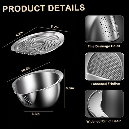 304 Stainless Steel Kitchen Basket - 4 in 1 Flat Grater, Sturdy Washing Basin Filter, Draining Colander with Side Drainer, Pasta Sieve, Utensils Holder (10.5"d x 5.5"h, Holes for Efficient Cleaning) with Adhesive Hook, Cheese Slicer, Easy to Store