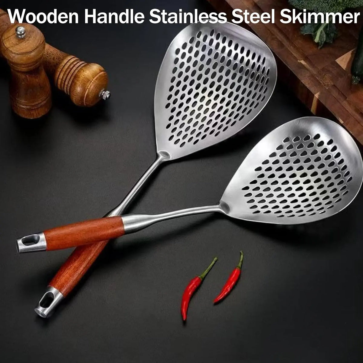 Wooden Handle Stainless Steel Skimmer, Skimmer Slotted Spoon, Ladle Spoon with Heat-Resistant Long Handle, Extra Thick Spider Strainer for Deep Frying, Boiling & Fast Oil Draining