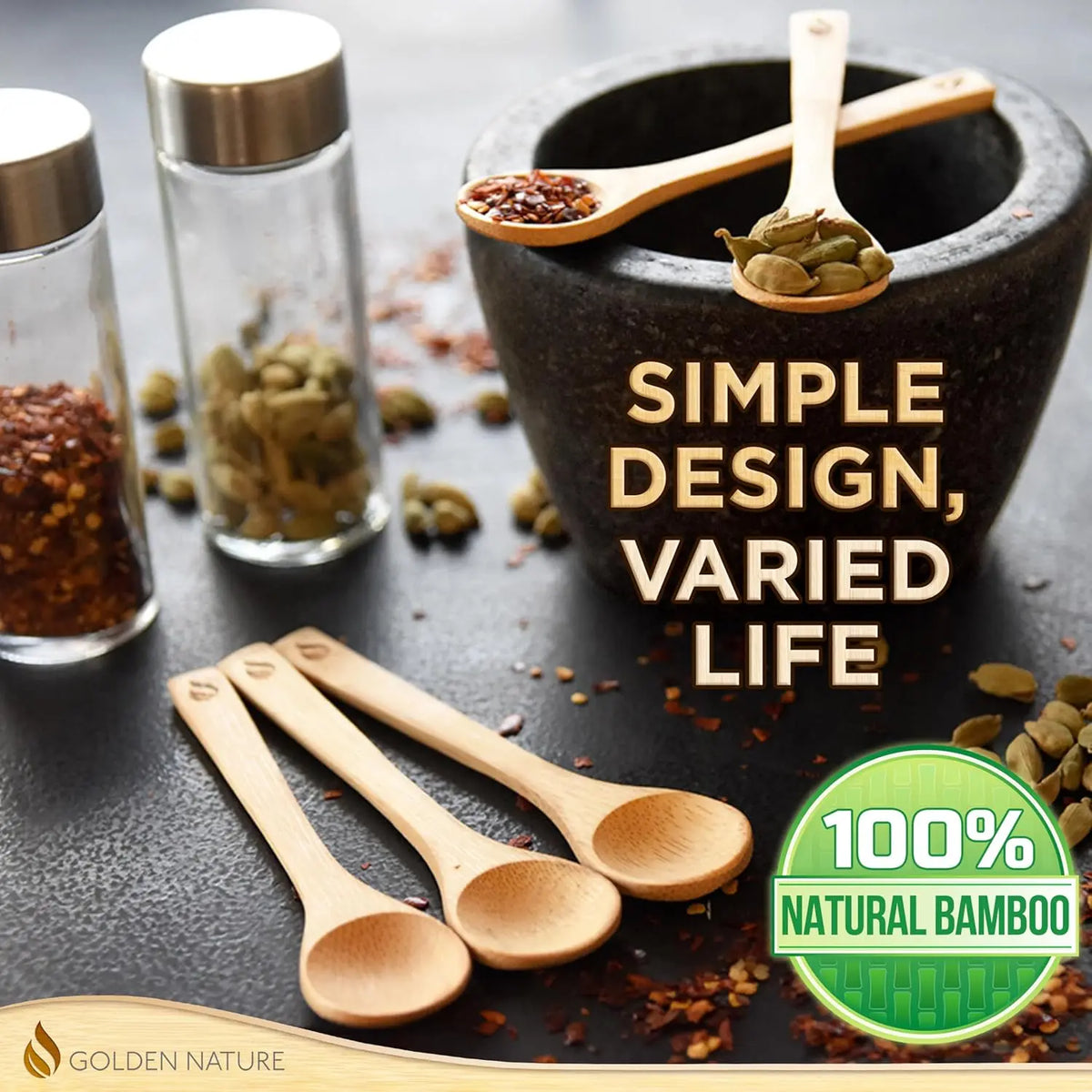 Golden Nature 30-Piece Bamboo Wooden Spoon Set - Mini Scoop, Rounded Handle, Flatware Style Stirring Spoons for Sugar, Coffee, Dessert - Lightweight Kitchen Cutlery Utensils