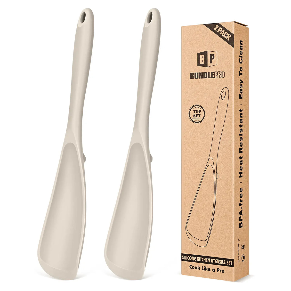 BundlePro Silicone Cooking Spoons 2-Pack - Anti-Adhesive Spatulas & Turners for Nonstick Cookware, BPA-Free Food Grade, Heat Resistant Handles Up to 446°F with Confidence, Top Stays Clean Mixing Kitchen Utensils Set