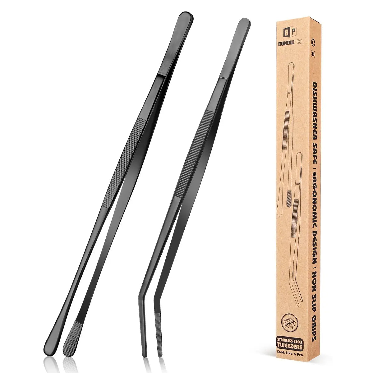 BUNDLEPRO 2-Piece Reusable Stainless Steel Kitchen Fine Tweezer Tongs, 12in Black Utensils Set, Professional Long Tweezers for Cooking, Seafood, BBQ