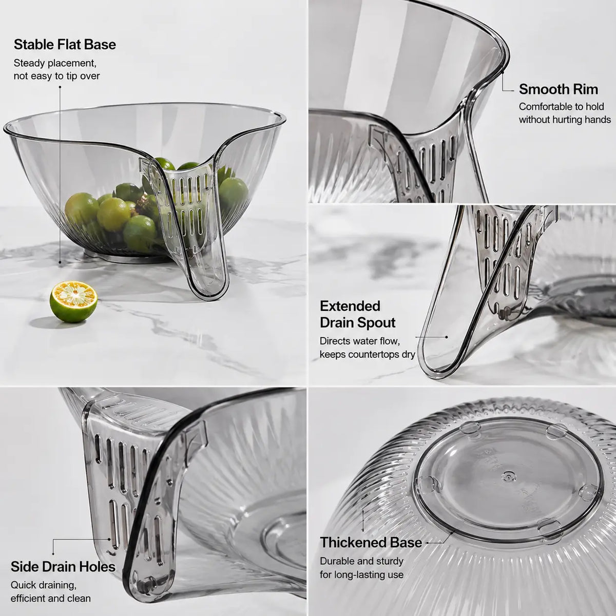 1-Count Transparent Drain Colander Basket - Kitchen Strainer Utensils with Pour Spout, Stable Flat Base, Holes for Washing Fruits, Making Salad - Essential Kitchen Supplies,sohochic