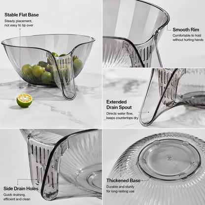 1-Count Transparent Drain Colander Basket - Kitchen Strainer Utensils with Pour Spout, Stable Flat Base, Holes for Washing Fruits, Making Salad - Essential Kitchen Supplies,sohochic