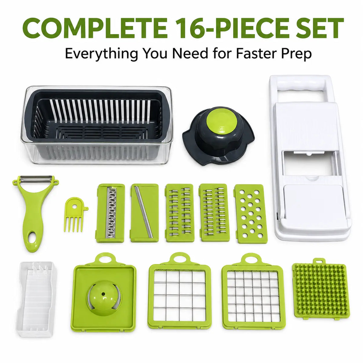 7CODE Vegetable Chopper Dicer with Container, 16-in-1 Cheese Grater Mandoline Slicer Cabbage Shredder French Fry Cutter, Stainless Steel Blade Food Chopper for Onion Potato Veggie Fruit, Handheld Manual Kitchen Gadget with Storage Box