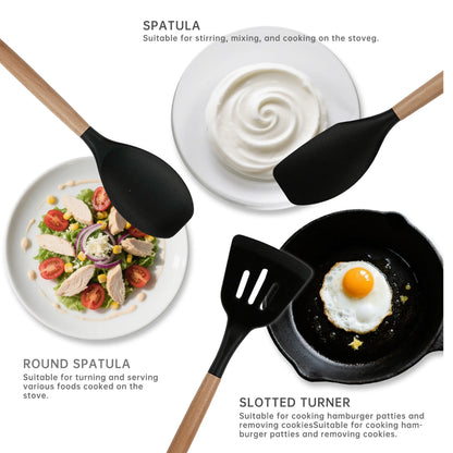 NULAS Silicone Cooking Utensils Set 10 Pcs - BPA Free Kitchen Utensil Set with Heat-Resistant Wood Handles, Non-Scratch Spatula Set Safe for Nonstick Cookware (Black) summerwins,home essentials sohochic