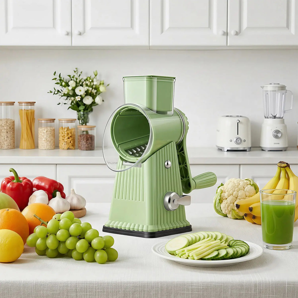 Manual Cheese Grater, 5-Blade Rotary Cheese Shredder & Vegetable Slicer with Hand Crank, Interchangeable Stainless Steel Blades, Suction Cup Base for Cheese, Carrot, Potato & Cucumber