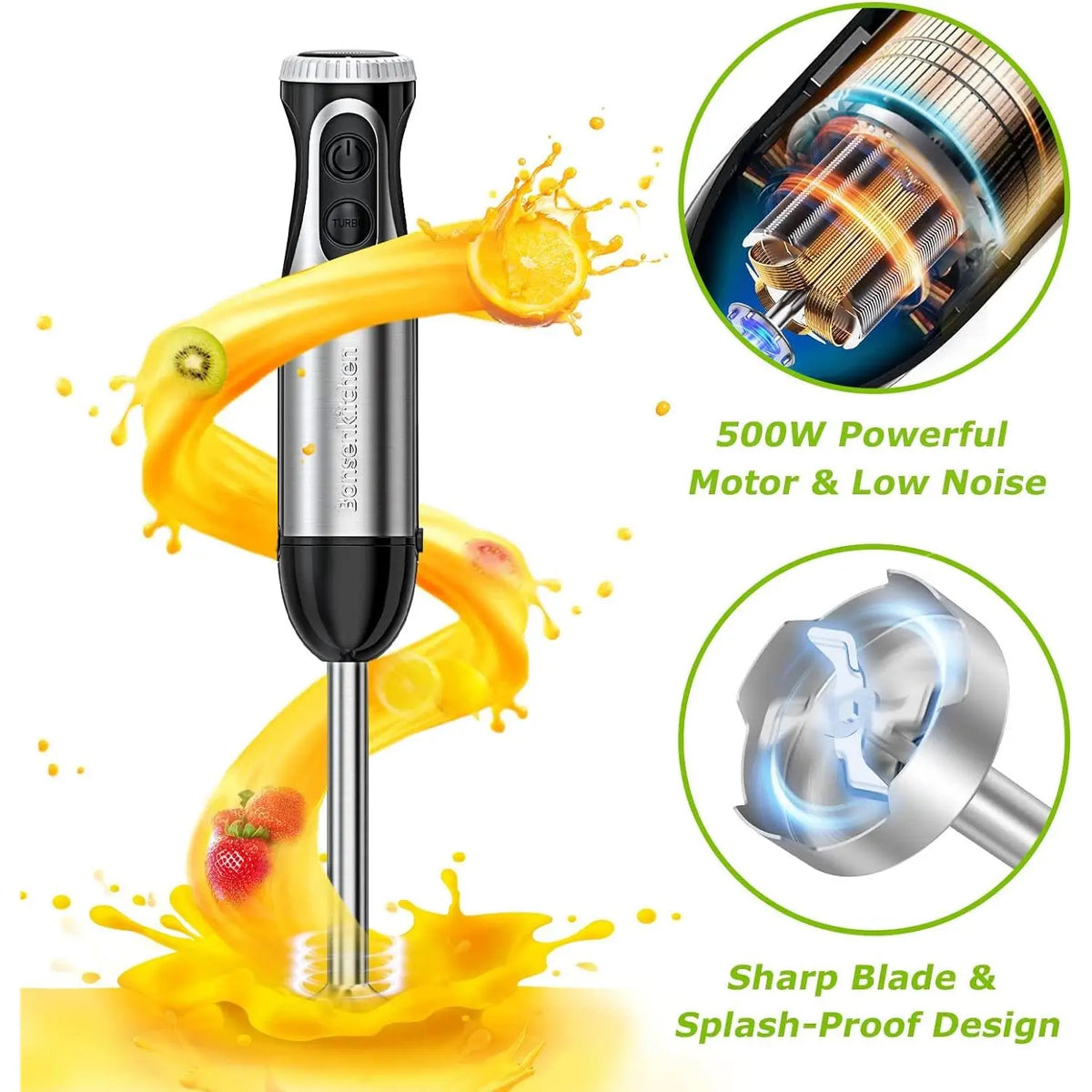 Bonsenkitchen Durable Stainless Steel Immersion Blender - 4-In-1 Multifunctional Household Appliances, High-Power High Speed Performance Hand Mixers, 20 Speeds, Turbo, 1-Hand Grip, Multi-Accessory Set (Egg Whisk, Beaker, Chopper Bowl, Dough Mixer),sohochi