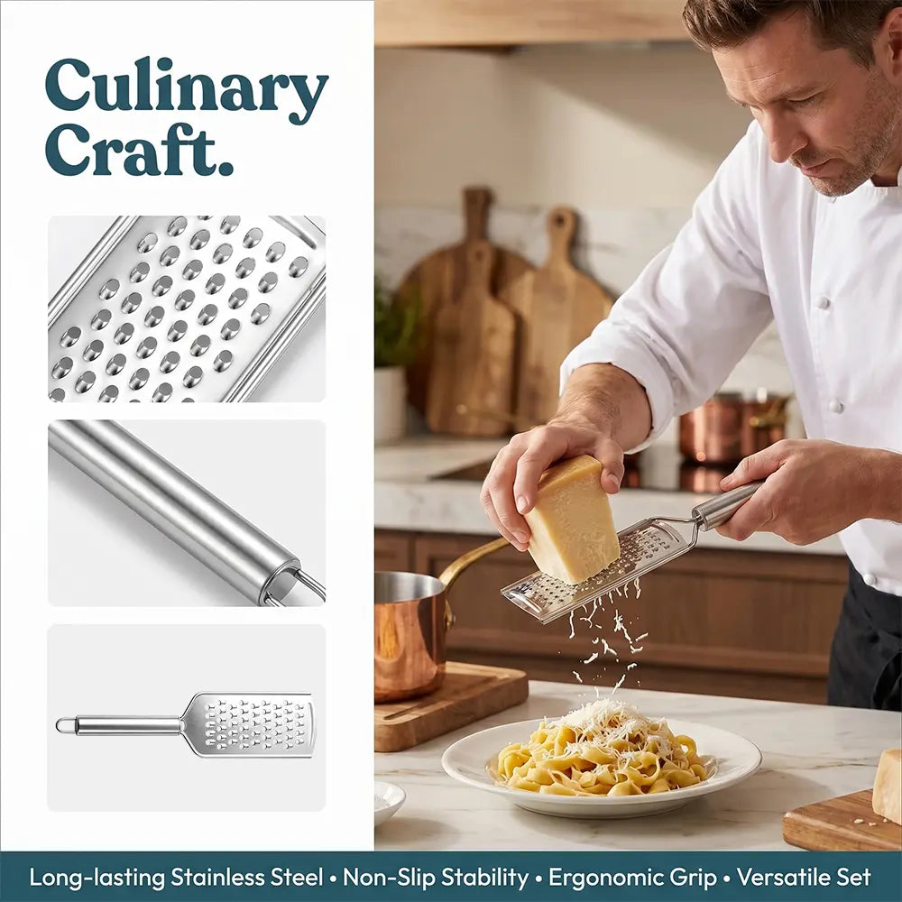 5PCS Stainless Steel Cheese Grater Set, Kitchen Grater & Peeler & Slicer, Lemon Zester with Cleaning Brush for Vegetable, Fruit, Chocolate
