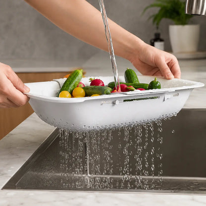 Collapsible Kitchen Colander - Sturdy Pasta Draining Basket with Holes, Sink Strainer, Vegetable Wash Container, Utensil Storage Rack