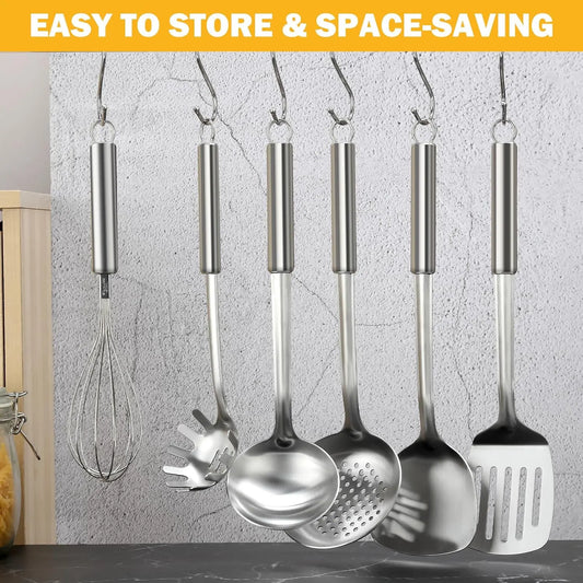 6PCS Kitchen Cooking Utensils Set, Stainless Steel Kitchen Utensils with Suspendable Handle, Spatula, Slotted Turner, Soup Ladle, Slotted Spoon, Whisk, Pasta Server, Dishwasher Safe
