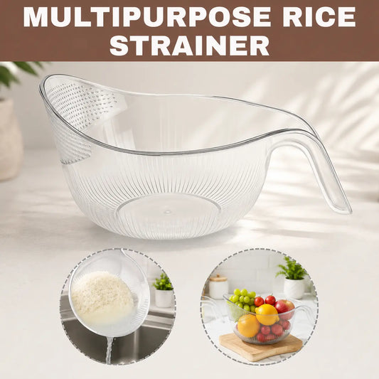 Aesthetic Multifunctional Rice Strainer Basket with Handle - Sturdy BPA-Free Transparent Plastic Kitchen Utensil, Colander for Draining Vegetables, Fruits