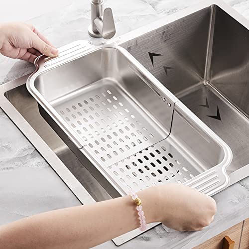 ZDRongZhen Kitchen Supply-Over the Sink Colander Strainer Basket Stainless Steel Retractable Kitchen Sink Basket -Wash Vegetables and Fruits, Drain Pasta and Dry Dishes,Extendable (Medium Silver)