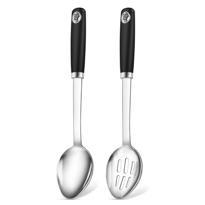 2 Pcs Stainless Steel Cooking Spoons Set, Solid & Slotted Metal Serving Spoons, Heavy Duty Sturdy Large Soup Ladle, High Heat Resistant Kitchen Cooking Utensils for Mixing, Stirring, Easy to Clean