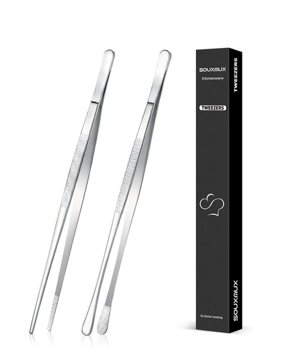2 Pcs 12-inch Cooking Tweezers Tongs Precision Serrated Tips, Stainless Steel Professional Chef Tweezer Kitchen Tools for BBQ, Plating and Serving (Black)