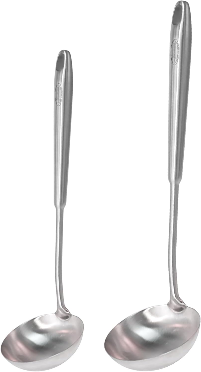 Newness 2 Pack Soup Ladle, [Rustproof, Heat Resistance, Integral Forming] Resilient 304 Stainless Steel Soup Spoon with Vacuum Ergonomic Round Handle, Cooking Spoon for Kitchen, 13.7 and 11.6 Inches