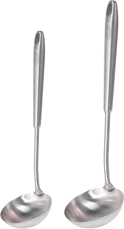 Newness 2 Pack Soup Ladle, [Rustproof, Heat Resistance, Integral Forming] Resilient 304 Stainless Steel Soup Spoon with Vacuum Ergonomic Round Handle, Cooking Spoon for Kitchen, 13.7 and 11.6 Inches