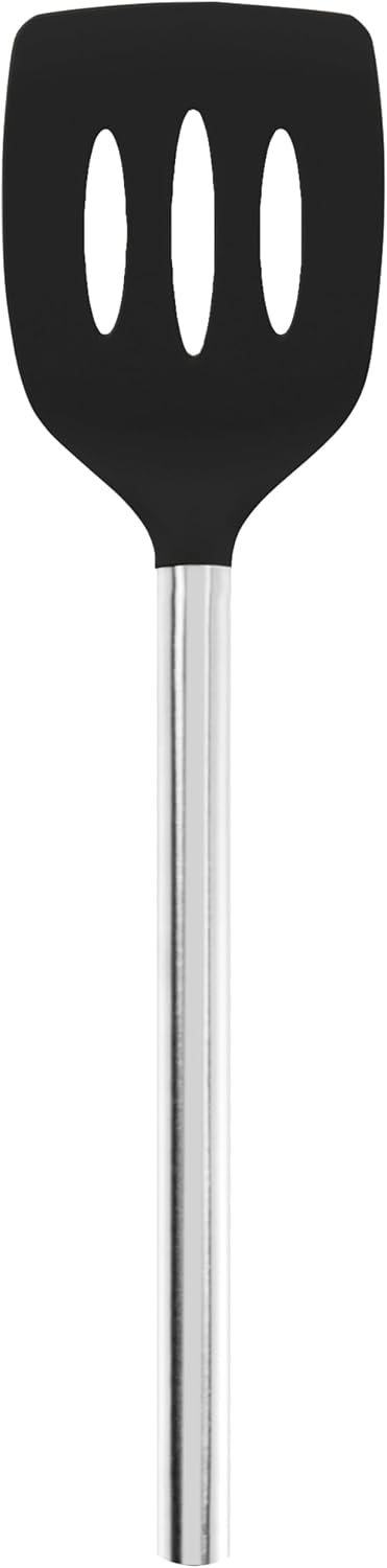 Tovolo Slotted Silicone Spatula Turner Slotted Stainless Steel Handle 10" Black Heat Resistant Non Toxic BPA Free Kitchen Utensil, Scratch Resistant Silicone Pancake Flipper Turner for Cooking