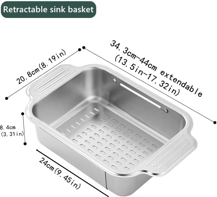 ZDRongZhen Kitchen Supply-Over the Sink Colander Strainer Basket Stainless Steel Retractable Kitchen Sink Basket -Wash Vegetables and Fruits, Drain Pasta and Dry Dishes,Extendable (Medium Silver)