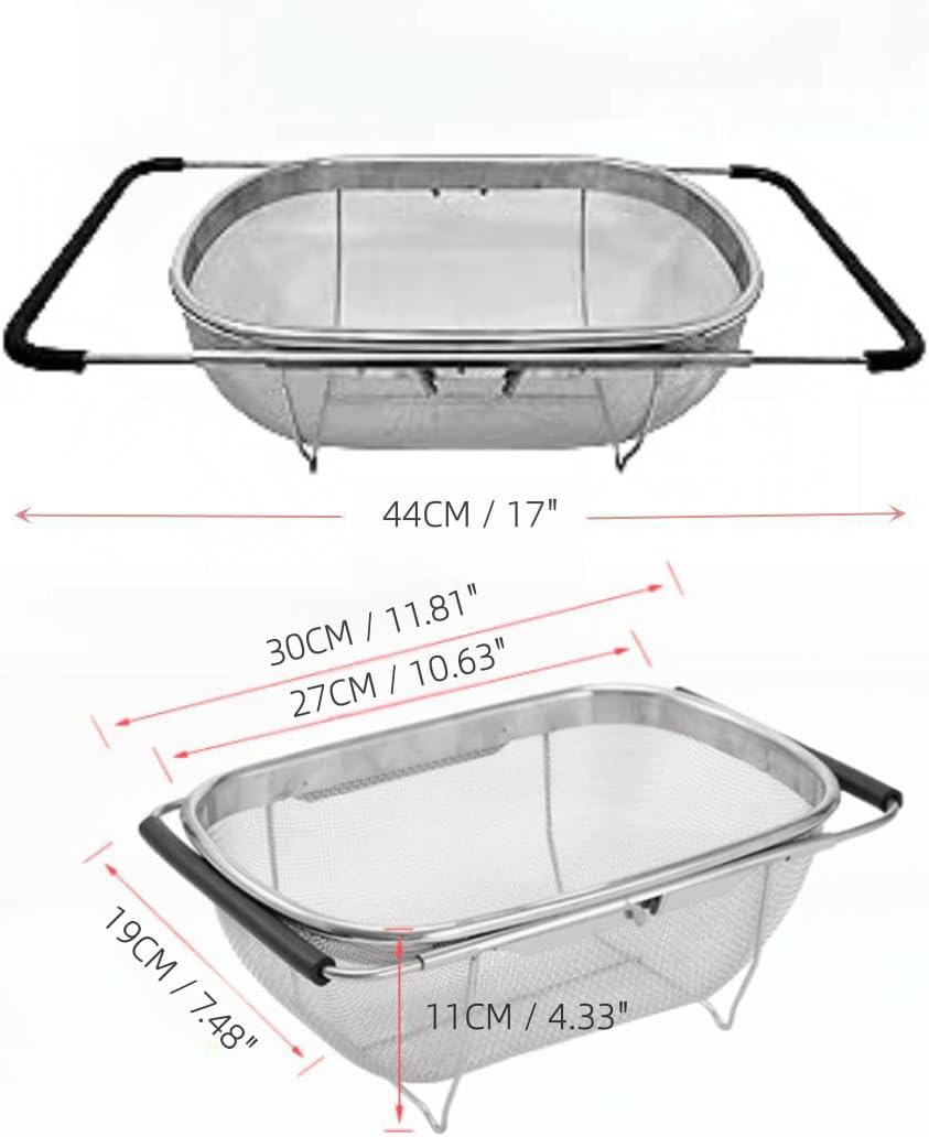 4qt Stainless Steel Oval Strainer Basket Colander, Over The Sink Fine Mesh Expandable, Colander For Kitchen Sink, Vegetables, Strain, Drain, Rinse Fruits (4 Quart Strainer Basket)