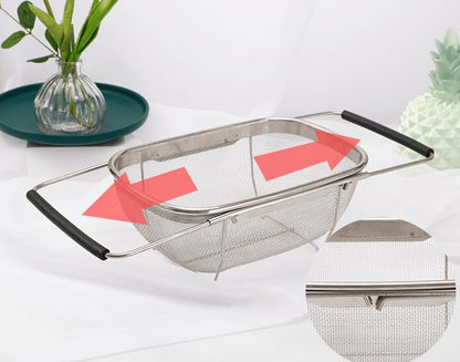 4qt Stainless Steel Oval Strainer Basket Colander, Over The Sink Fine Mesh Expandable, Colander For Kitchen Sink, Vegetables, Strain, Drain, Rinse Fruits (4 Quart Strainer Basket)