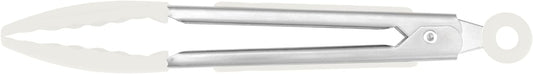 Tovolo Mini Turner Tongs Nonstick Flat Head Tong for Easily Flipping Cooking Serving, Heat Resistant Tongs BPA Free Dishwasher Safe Tongs Easy Lock Non Slip Grip Stainless Steel Handle, White
