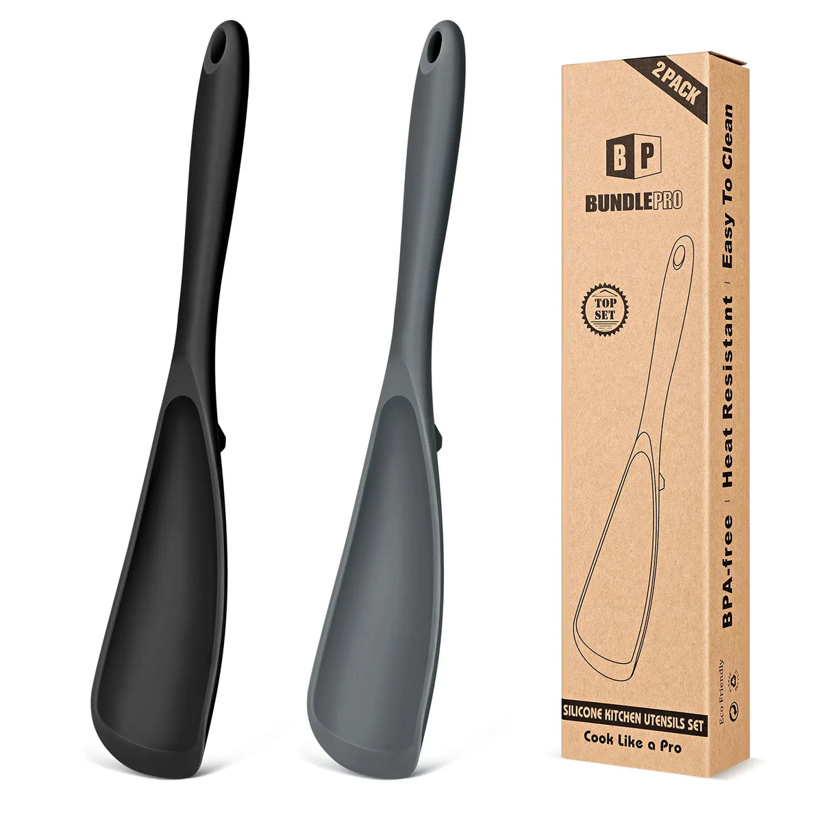 BundlePro Silicone Cooking Spoons 2-Pack - Anti-Adhesive Spatulas & Turners for Nonstick Cookware, BPA-Free Food Grade, Heat Resistant Handles Up to 446°F with Confidence, Top Stays Clean Mixing Kitchen Utensils Set