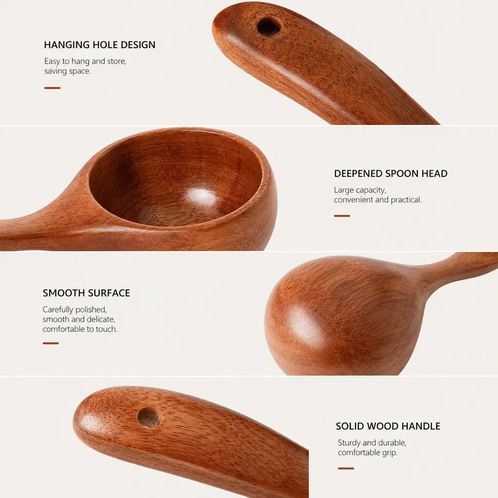 2-Count Solid Wood Soup Ladle Kitchen Utensil Set, Cooking Tool Spoon with Smooth Surface, Natural Grain, Large Deep Bowl & Hanging Hole for Noodles, Daily Dining Use