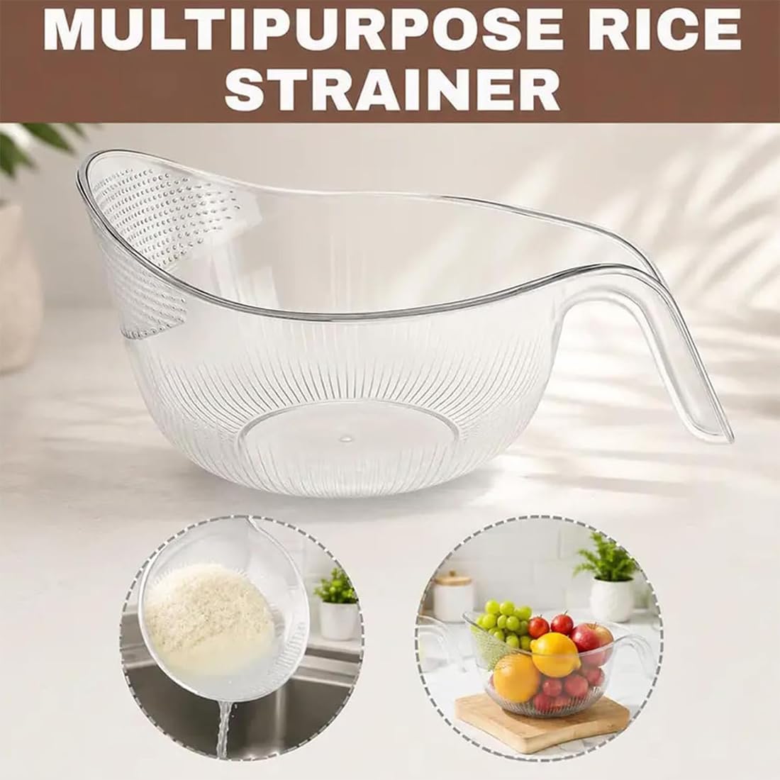 Rice Washer Strainer Bowl with Fine Side Drain Holes, Long Handle Clear Rice Rinsing Basket for Rice, Quinoa, Lentils, Beans, Fruit and Vegetables, 10.2 x 7.5 in, Bonus Cleaning Sponge