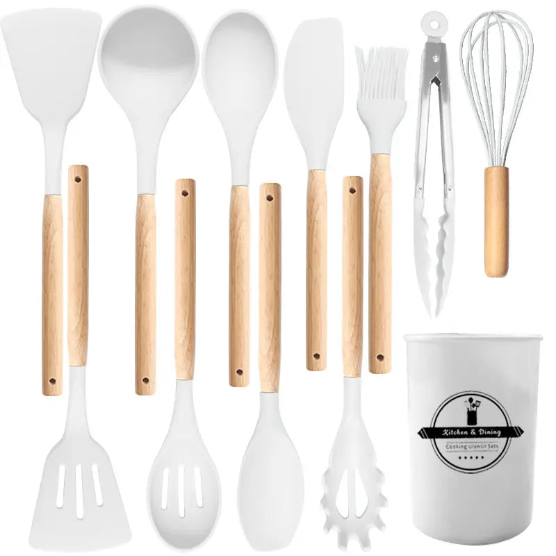 Silicone Kitchen Utensils Set, 12-Piece Non-Stick Cooking Gadgets with Beech Wooden Handle, Spatula Set for Home Use #GLOBAL PICKS