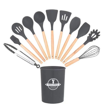 Silicone Kitchen Utensils Set, 12-Piece Non-Stick Cooking Gadgets with Beech Wooden Handle, Spatula Set for Home Use #GLOBAL PICKS