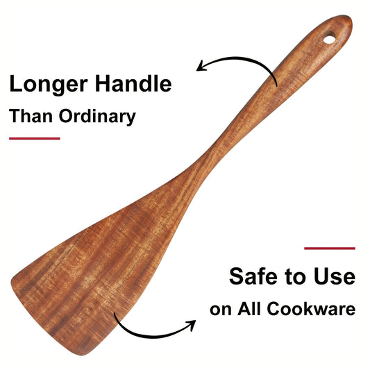 Premium Acacia Wood Spatula with Long Handle - Non-Stick, Flat Bottom for Easy Cooking & Serving