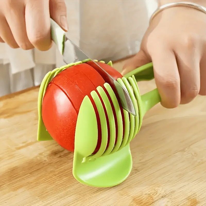 Green Multi-functional Vegetable and Fruit Slicer, Food-Grade Plastic Handheld Kitchen Tool, Suitable for Lemons and Tomatoes, Ergonomic Design, Easy to Use at Home or in Restaurants