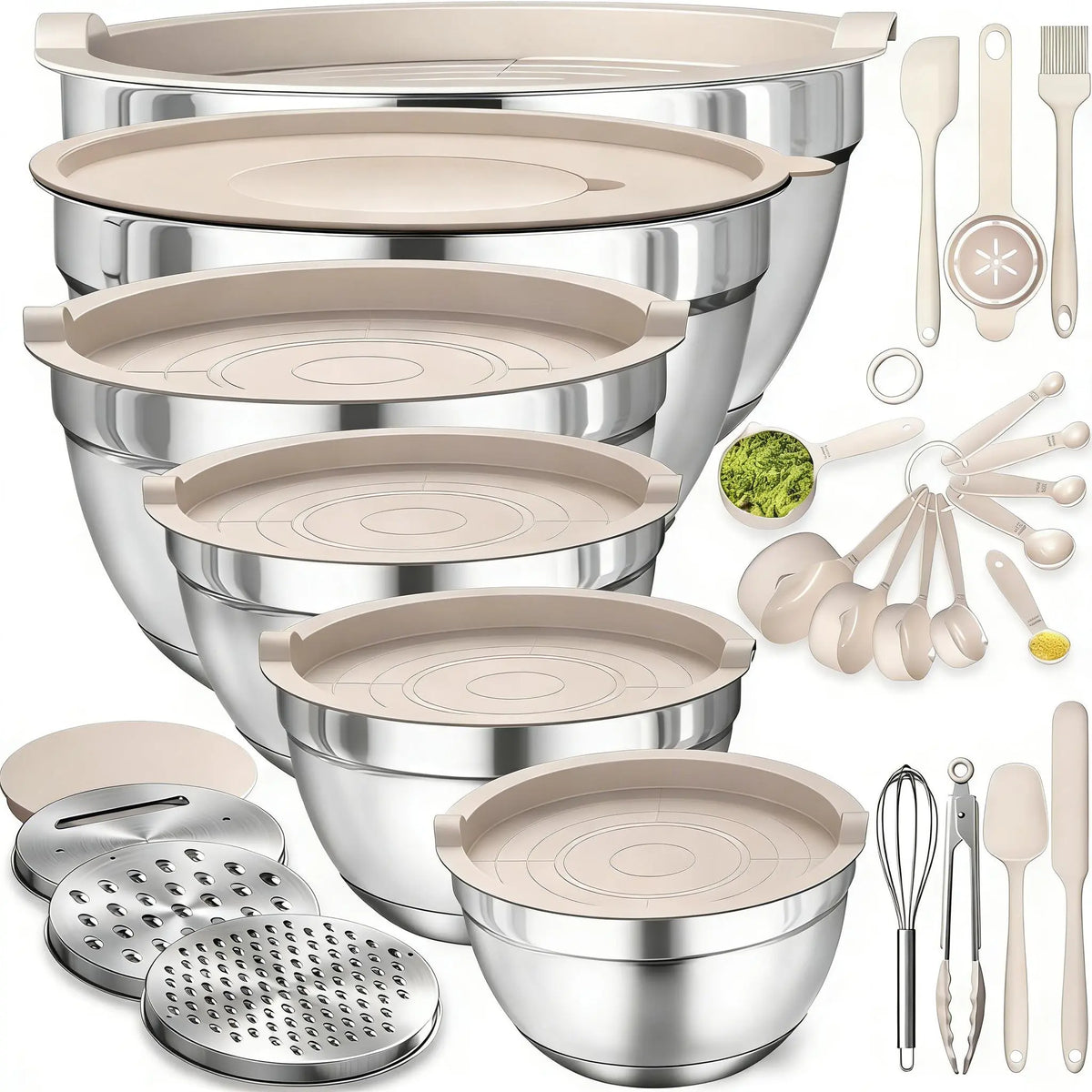 7-Pc Multi-Size Stainless Steel Nesting Bowls Set with Lids, Graters, Whisk, Spatulas - Versatile Bakeware, Space-Saving Kitchenware, Baking Supplies, Everyday Cooking Essentials