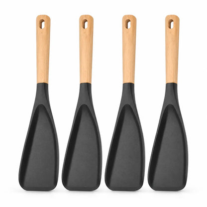 4-Pack Silicone Salad Serving Spatula Bundle Set Spatulas & Turners, Wooden Handle Kitchen Utensils, Wide Scoop Cooking Tools for Mixing & Tossing, Black Nonstick Kitchen Supplies with Hanging Design