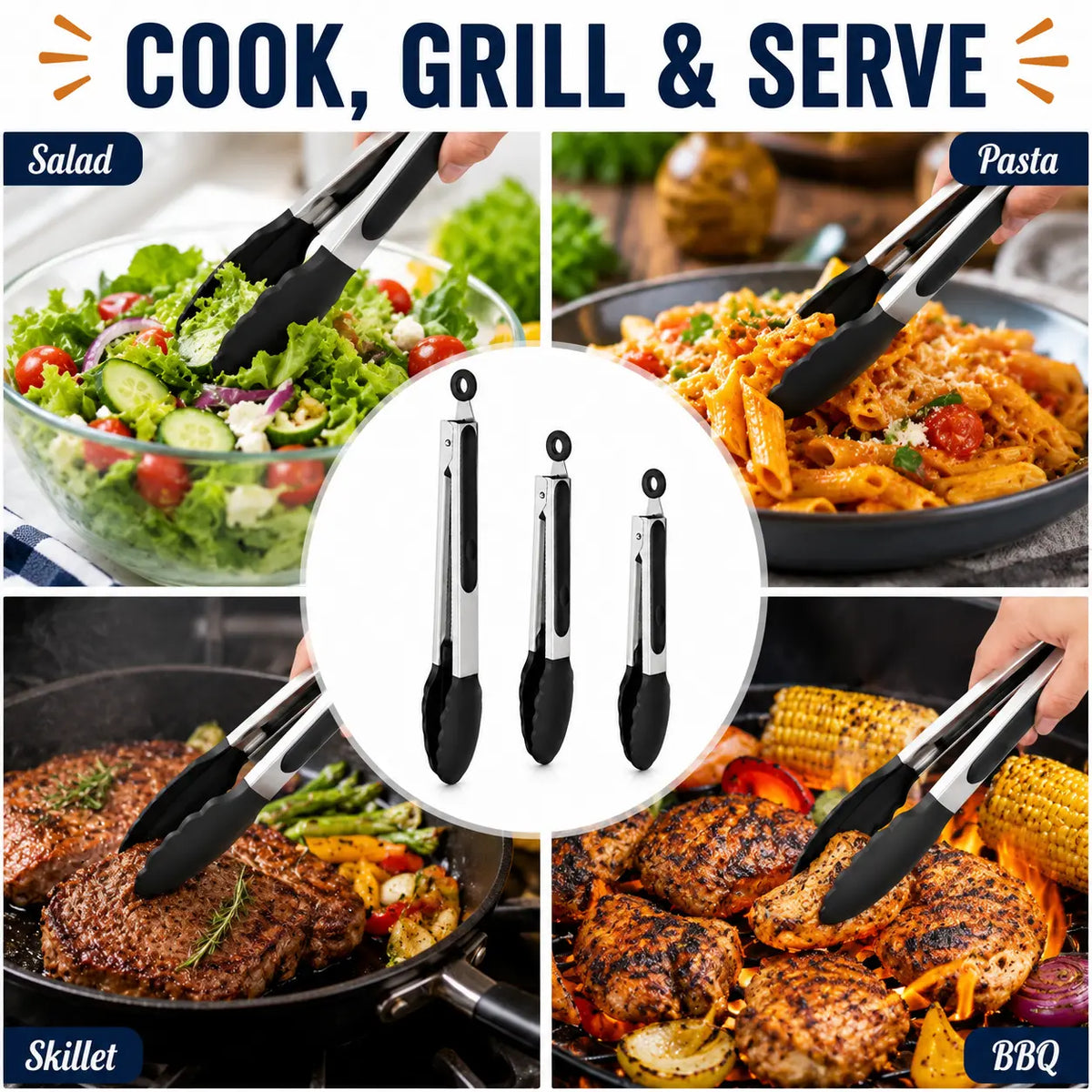 3Pcs Kitchen Tongs Set, 7/9/12 Inch Stainless Steel Cooking Tongs with Silicone Tips, Locking Food Tongs for Grilling, BBQ, Salad & Serving