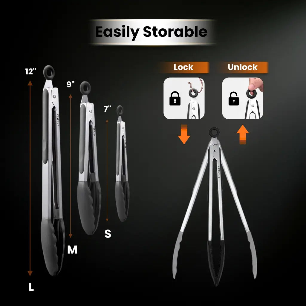 Stainless Steel Silicone Kitchen Tongs for Cooking, Serving Food, Salad, Bbq, Grill, Pan Protecting Tong with Silicone Tip, Heat Resistant airfryer accessories, 7" 9" & 12 inch, Set of 3, Black