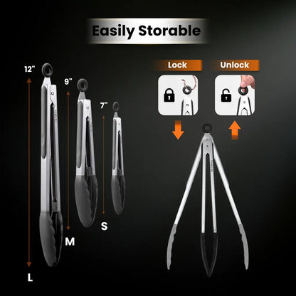 Stainless Steel Silicone Kitchen Tongs for Cooking, Serving Food, Salad, Bbq, Grill, Pan Protecting Tong with Silicone Tip, Heat Resistant airfryer accessories, 7" 9" & 12 inch, Set of 3, Black
