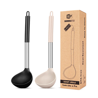 Pack of 2 Ladle Spoon,Silicone Large Spoon for Soup, Grey-Blue,Stainless,Hanging Non Stick Kitchen Utensils,For Cooking,Stirring,Serving Soups