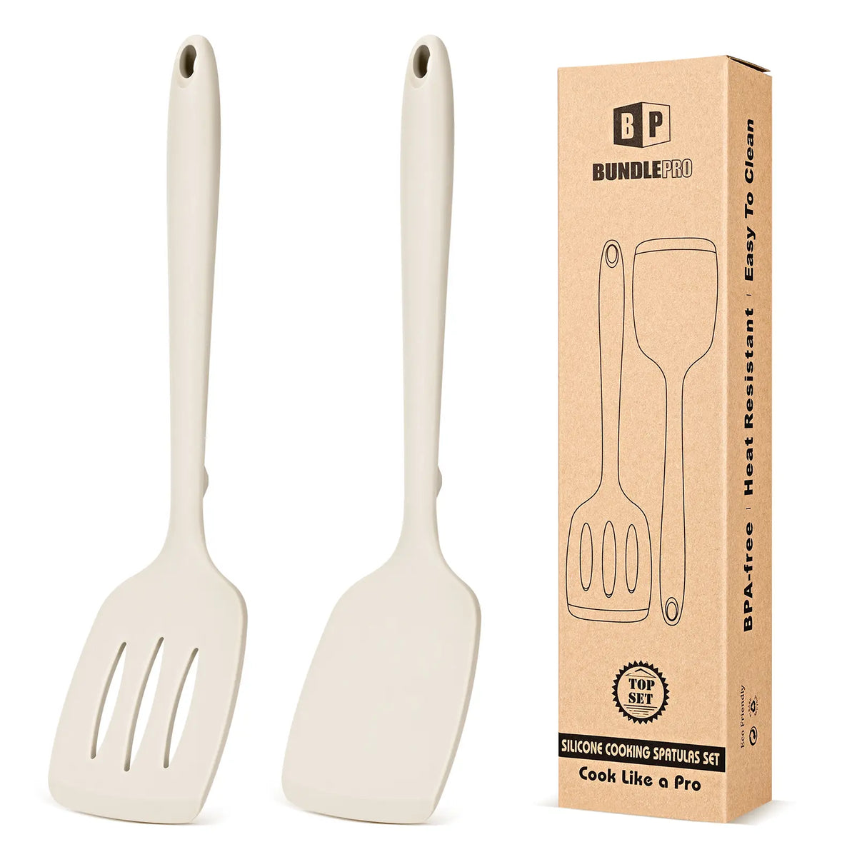 BUNDLEPRO Khaki Kitchen Utensils Set - 2-Piece Non-Stick Slotted Silicone Spatula Turner, 1-Piece Solid Silicone Cooking Spoon, Heat-Resistant BPA-Free, Protects Pot Coats, Ideal for Family Daily Use, Cooking Fish & Pancakes
