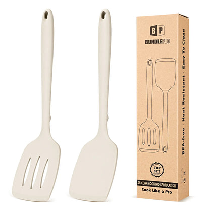 BUNDLEPRO Khaki Kitchen Utensils Set - 2-Piece Non-Stick Slotted Silicone Spatula Turner, 1-Piece Solid Silicone Cooking Spoon, Heat-Resistant BPA-Free, Protects Pot Coats, Ideal for Family Daily Use, Cooking Fish & Pancakes