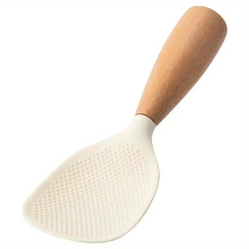 Silicone Spoon with Wooden Handle 1PC Heat-Resistant & Non-Stick Safe Rice Spoon Heat-Insulated Comfort Grip Durable Kitchen Utensil for Home & Restaurant Must-Have Practical Cooking Gadget -RR