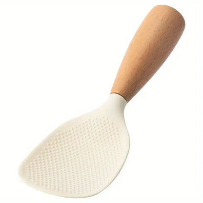 Silicone Spoon with Wooden Handle 1PC Heat-Resistant & Non-Stick Safe Rice Spoon Heat-Insulated Comfort Grip Durable Kitchen Utensil for Home & Restaurant Must-Have Practical Cooking Gadget -RR