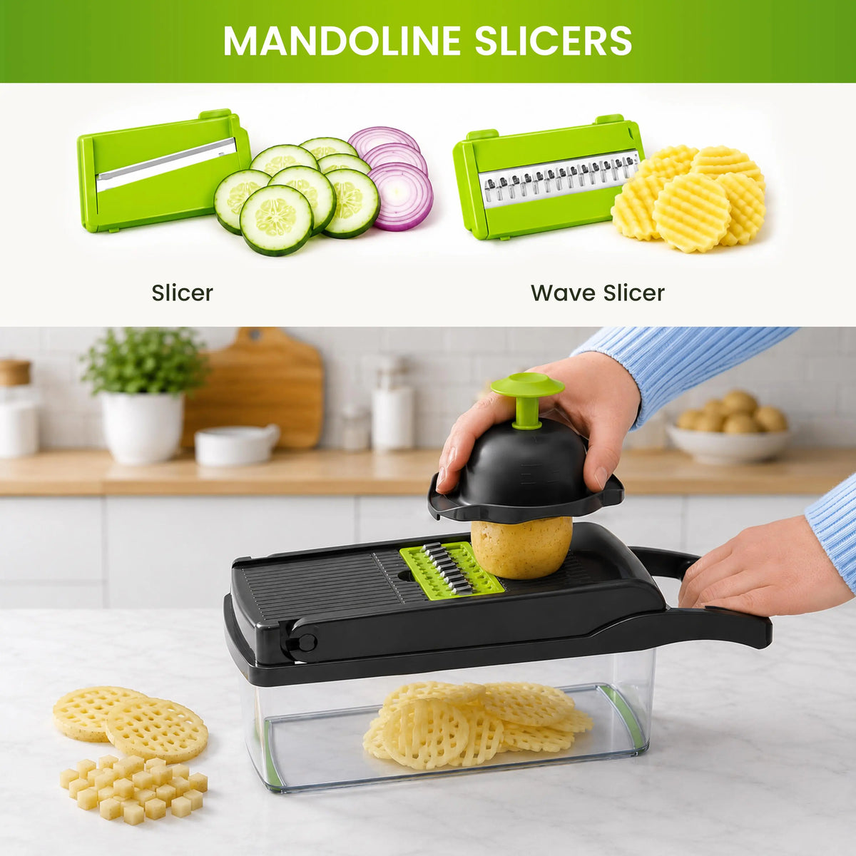 Hand Press Vegetable Chopper with 7 Stainless Steel Blades, Heavy Duty Kitchen Utensil, 1.5L Transparent Lidded Container, Onion Dicer, Mandoline Slicer, Julienne Cutter, Peeler, Grater, Egg Separator - for Chopping Vegetables, Fruits, Garlic, Smooth Prep