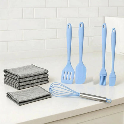 5-Piece Food-Grade Silicone Kitchen Bakeware Combo Set - Spatula, Leak-Proof Scraper, Egg Beater, Brush, Heat-Resistant Stirring Utensils for 4-Hole Pans, Dish-Safe Kitchen Supplies + Free 10-Piece Metal Wire Dish Cloths (Detailed Size Chart Included), Fi