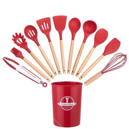 Silicone Kitchen Utensils Set, 12-Piece Non-Stick Cooking Gadgets with Beech Wooden Handle, Spatula Set for Home Use #GLOBAL PICKS